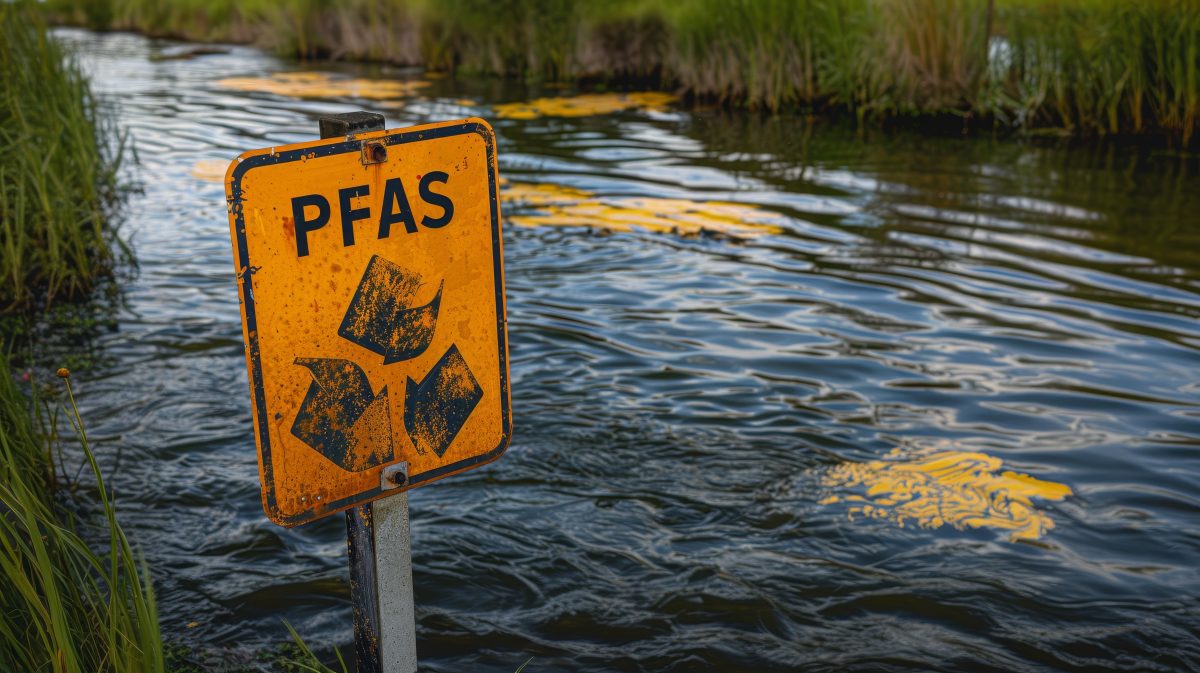 Contaminated River With Yellow Water And Pfas Sign, Minimalist Close Up For Environmental Awareness, Healthy Risk Pollution